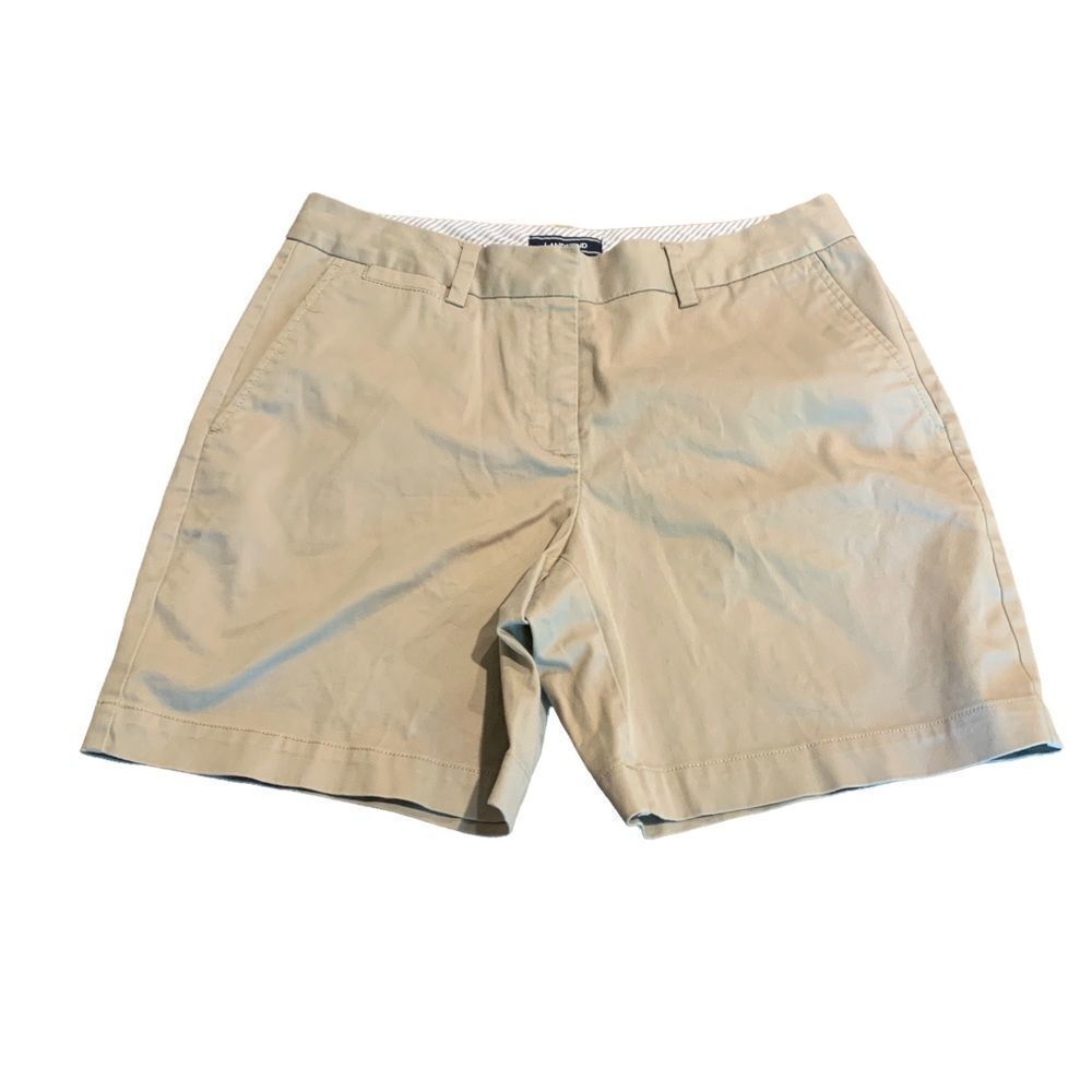 Lands End Women’s Mid Rise Flat Front Khaki Shorts 8